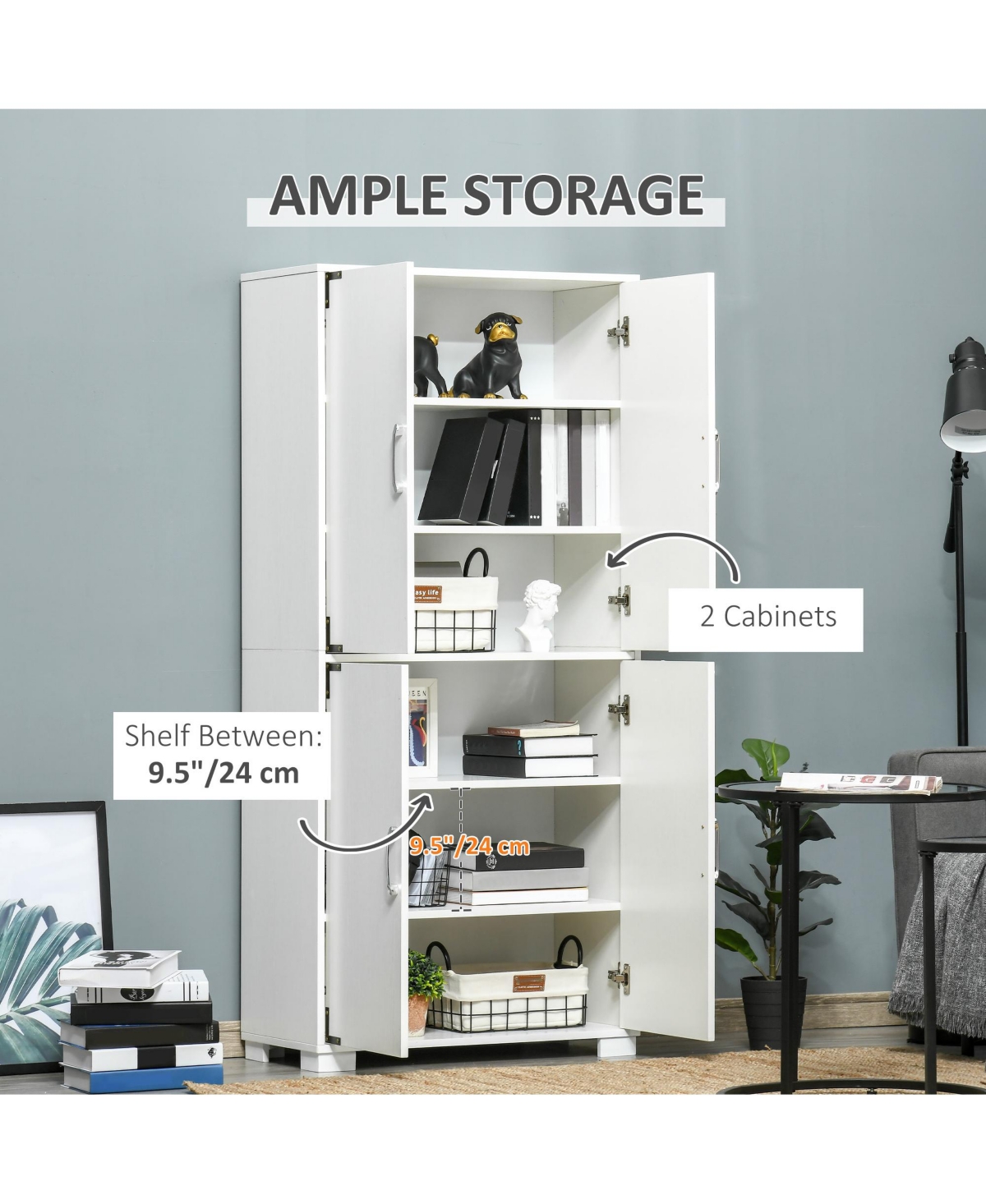 Homcom Industrial Style 4-Door Cabinet Pantry Cupboard with Storage Shelves for Bedroom and Living Room, White