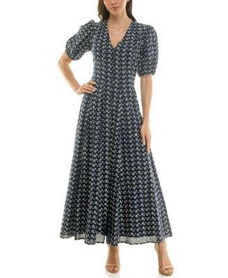 Women's Puff-Sleeve Eyelet Button-Front Dress