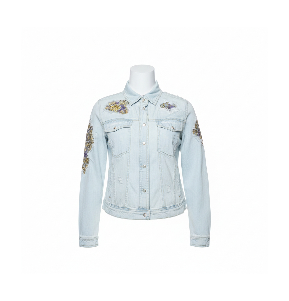 Pre-Owned Roberto Cavalli Women's Light Blue Distressed Denim Patch Detail Shirt