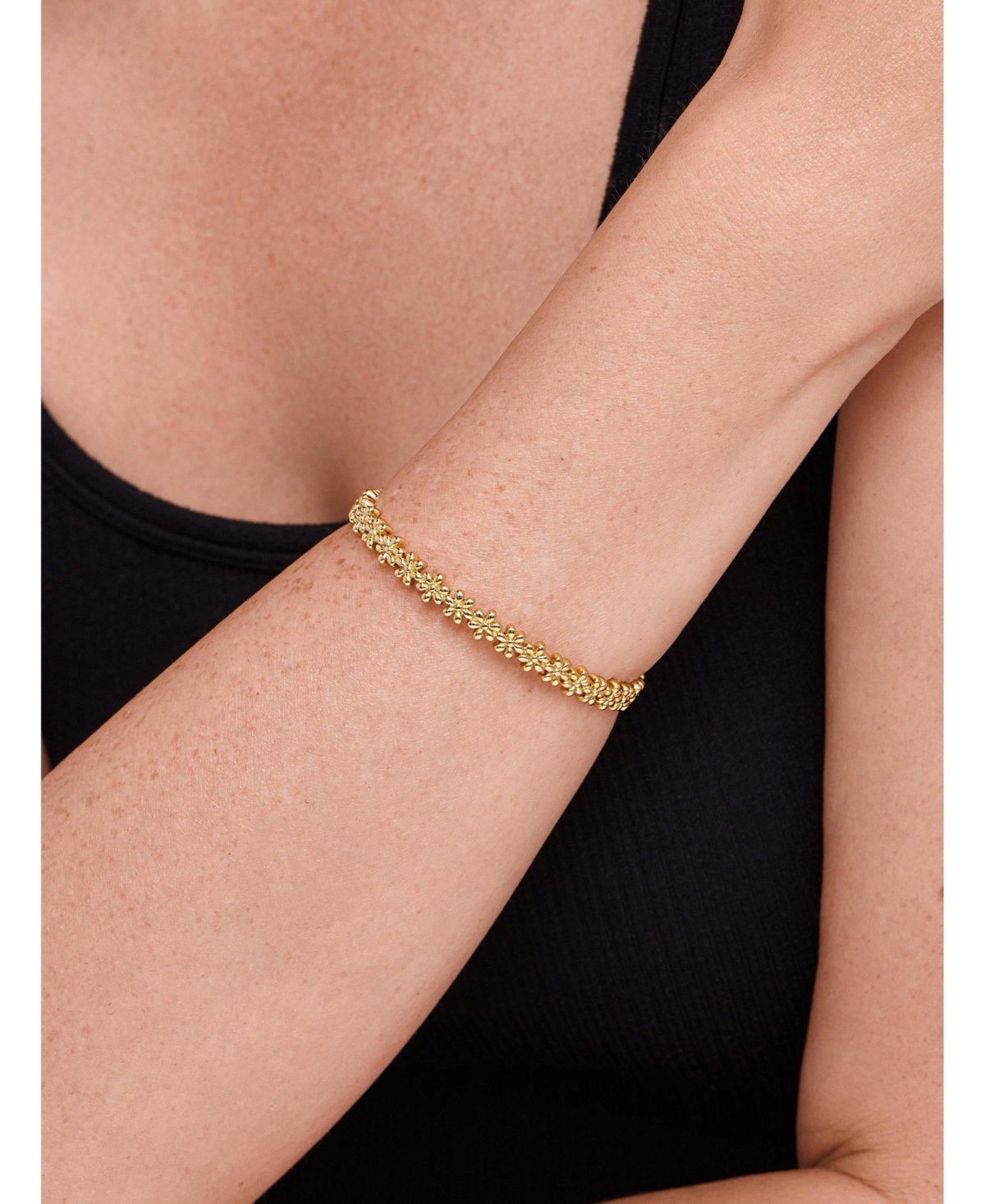 Devata Daisy Flower Eternity Bangle Bracelet in Gold Plated Sterling Silver, Size Medium