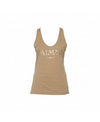 Women's Beige Cotton Logo Printed Tank Top