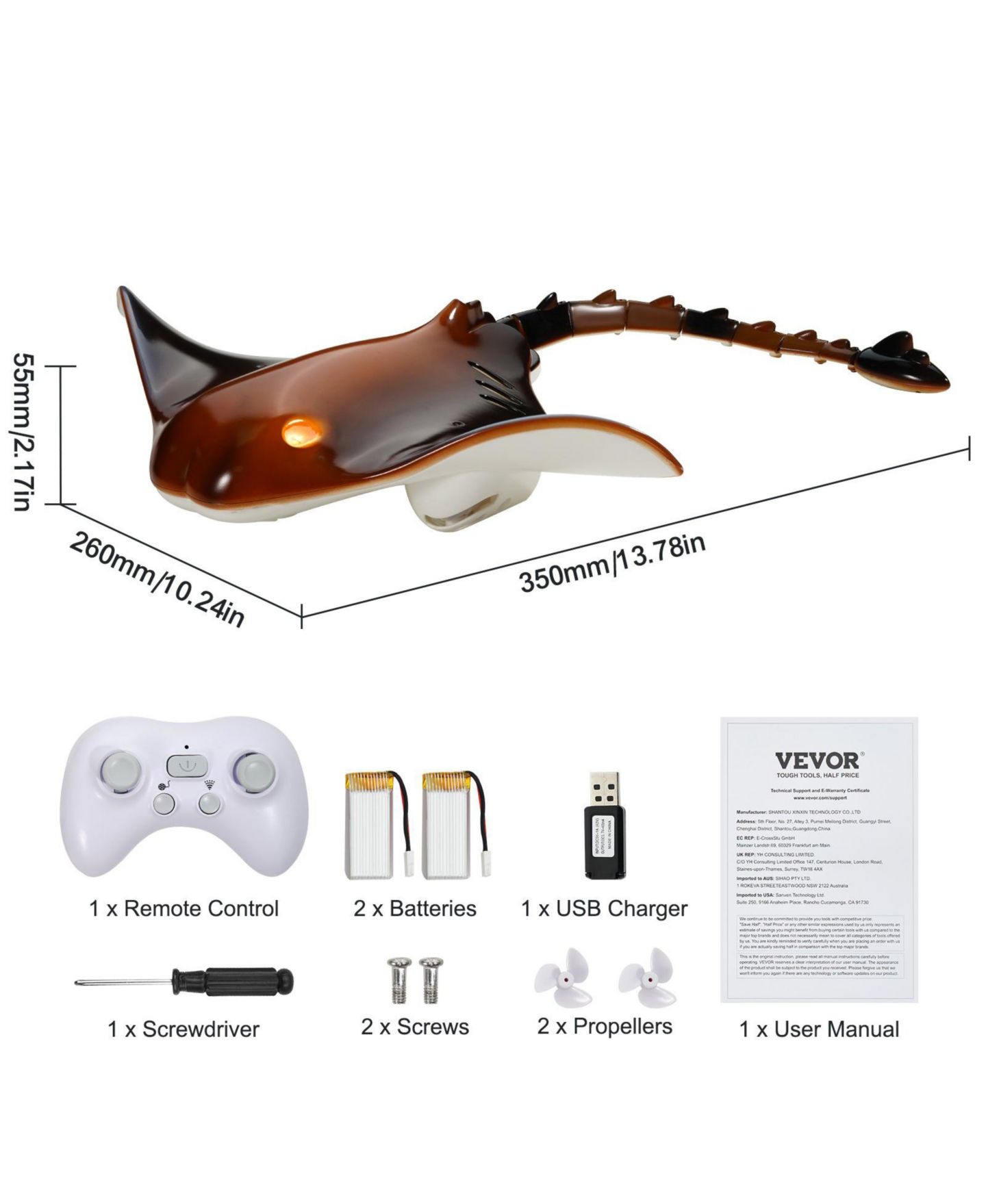 Детская игрушка HONGGE Manta Ray Remote-Control LED Swimming Toy, цвет: Коричневый — фото 4