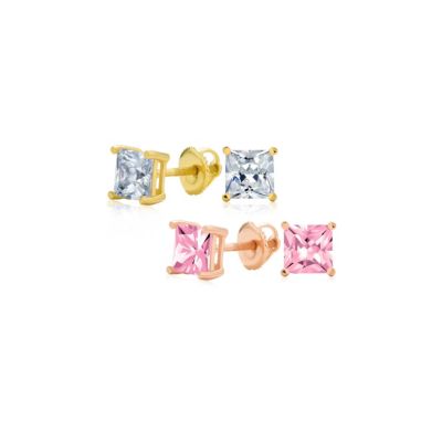 Classic Set of 2 Multi Color Square CZ Cubic Zirconia Stud Earrings Silver Black Plated Screwback Posts 5MM