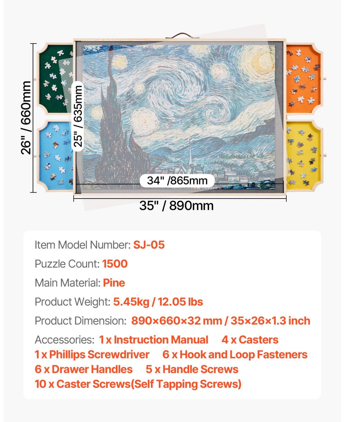 Sugift 1500-Piece Rotating Puzzle Board 34"x25" with Drawers and Cover