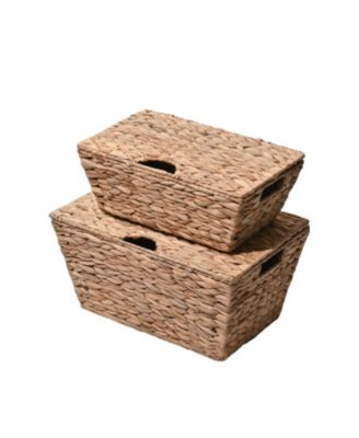 Wilder Classic Farmhouse Woven Hyacinth Rectangular Storage Baskets with Lids and Handles (Set of 2