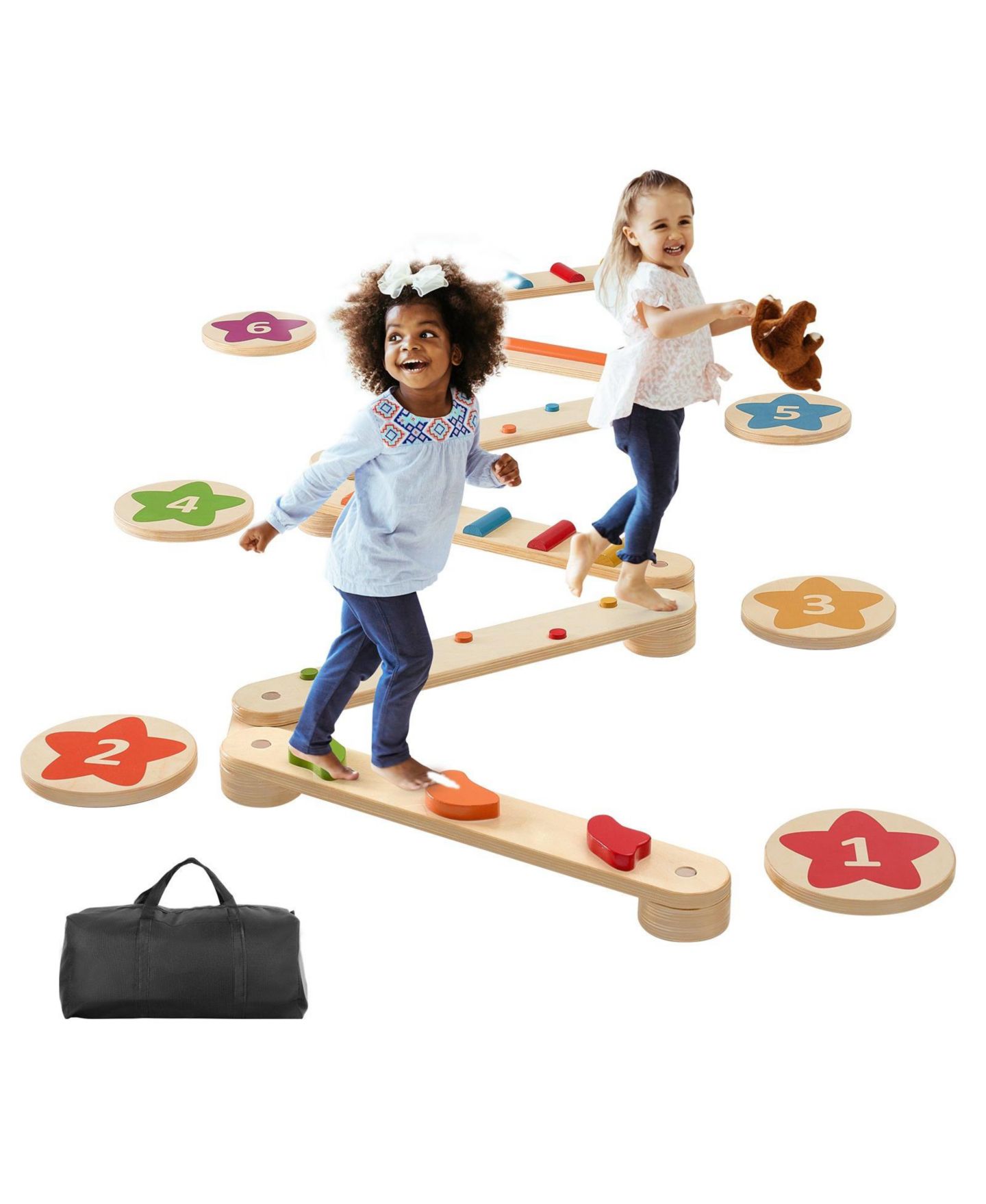 Детские игрушки HONGGE Kids Wooden Balance Beam and Stepping Stones Obstacle Course Set, 6-Piece, Ages 2+ — фото 7