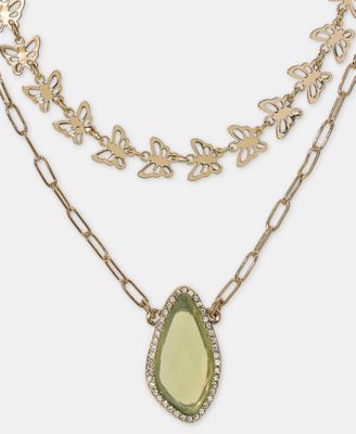 Gold-Tone Green Stone Butterfly Layered Necklace, 16" + 3" extender