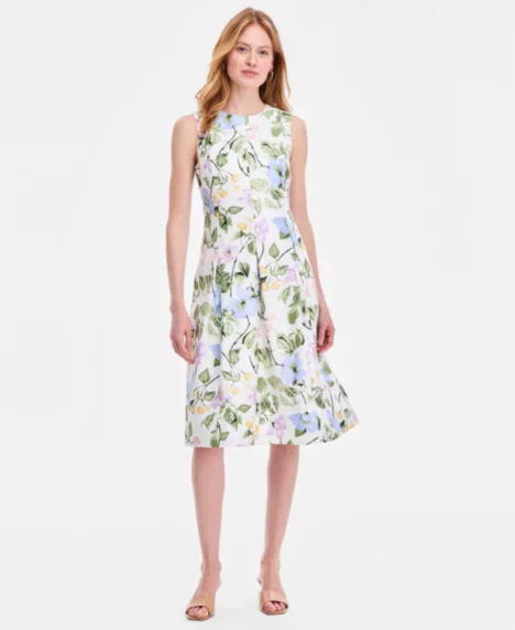 Women's Floral Print Dupioni Pleated Sleeveless Dress, Regular & Petite - Lily White Multi