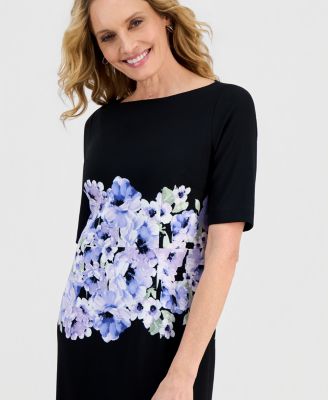 Women's Printed Scuba Crepe Elbow-Sleeve Sheath Dress