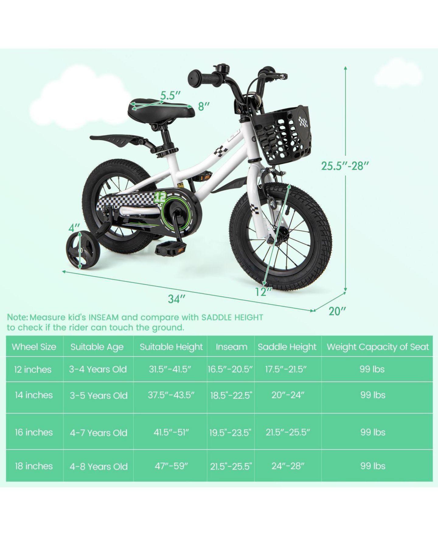 Детская игрушка HONGGE 12-Inch Kids Training Bike with Dual Brakes and Adjustable Seat, цвет: Белый — фото 3