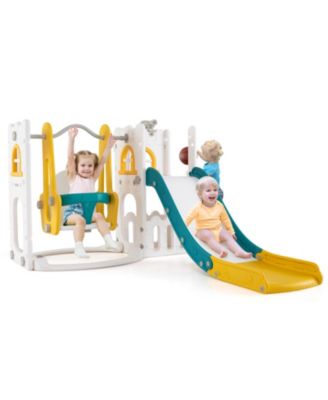 7 in 1 L Shaped Toddler Slide and Swing Set with Basketball Hoop Climber and Storage