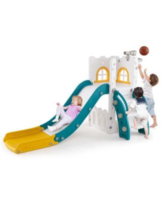 6 In 1 L Shaped Toddler Slide With Climber Basketball Hoop Telescope And Storage Area