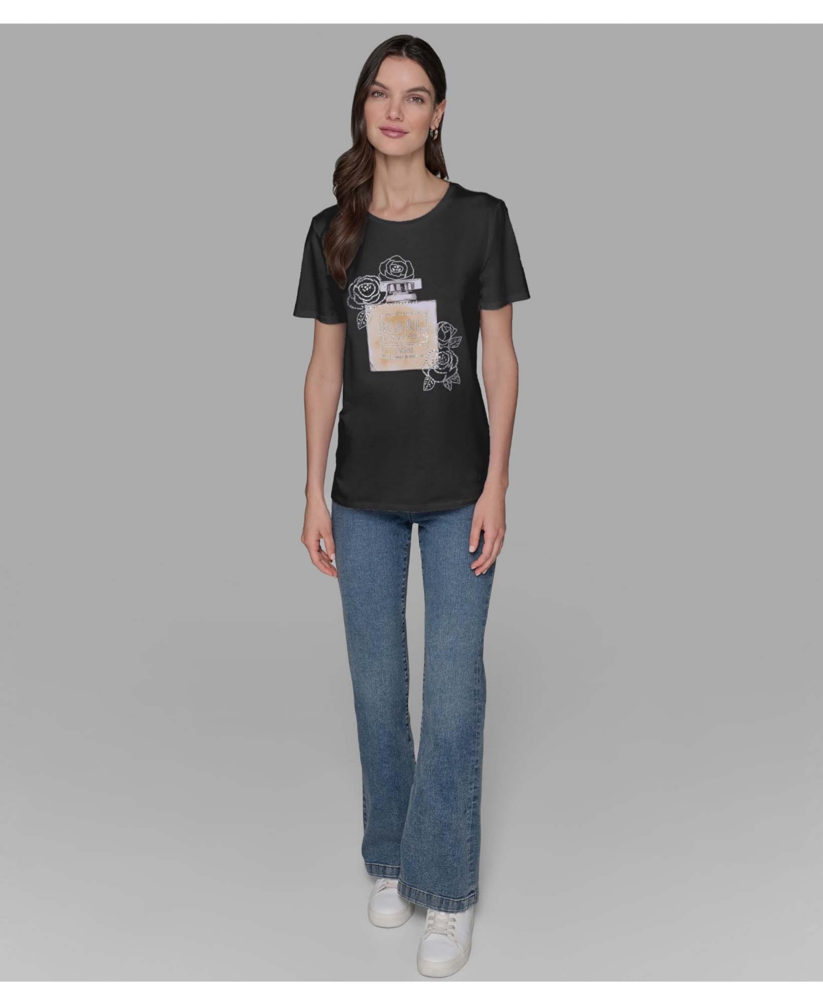 Karl Lagerfeld Paris Women's Crewneck Embellished Perfume Bottle T-Shirt