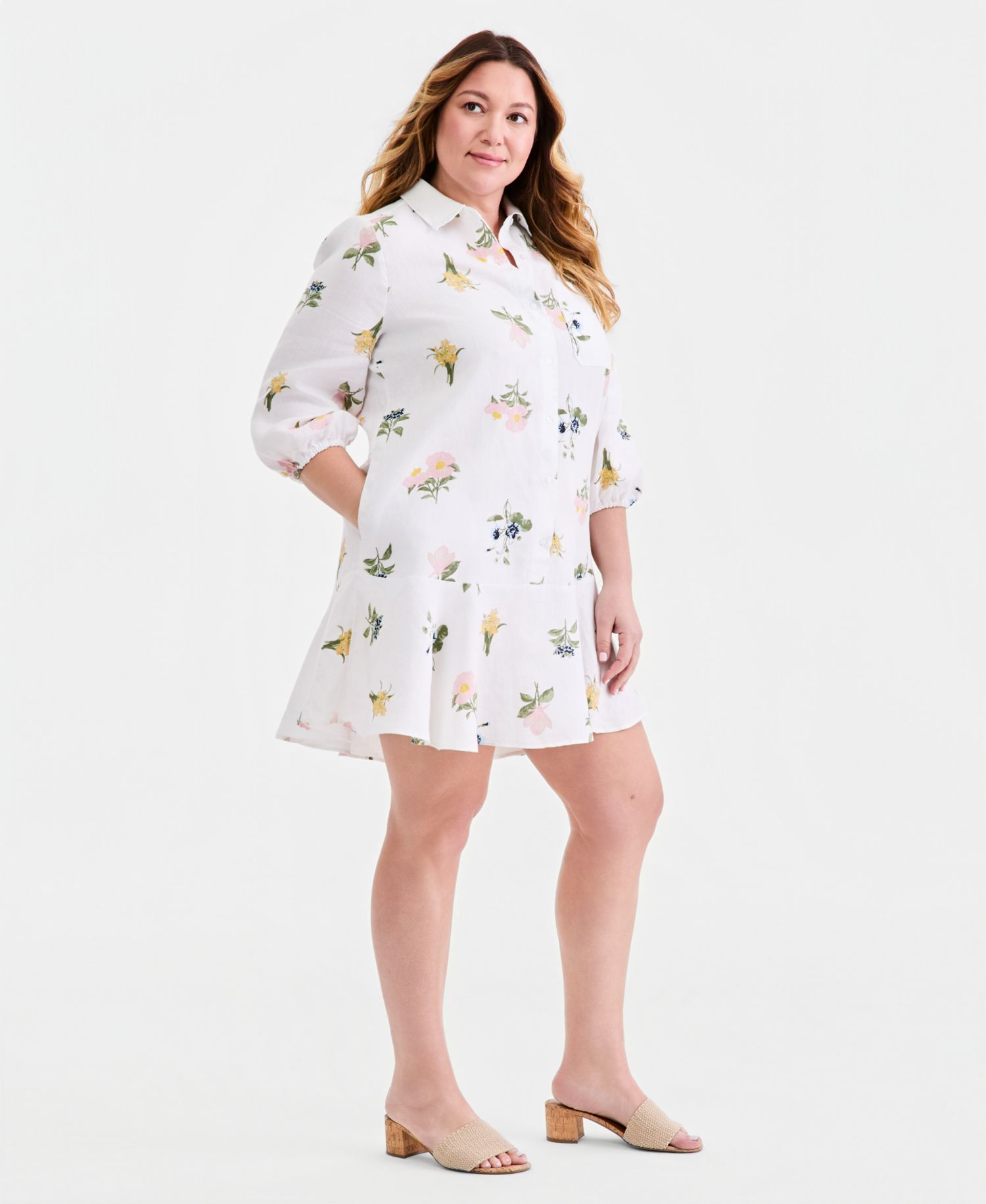 Plus Size 100% Linen Collared Flounce Dress