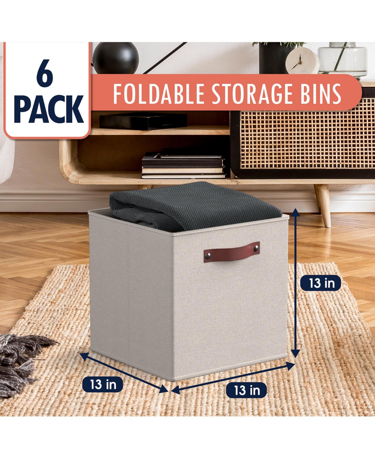 Ornavo Home 6 Pack Linen Fabric Kallax Storage Cube Bin with Faux Leather Handles