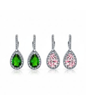 Set of 2 CZ Halo Cubic Zirconia  Cubic Zirconia Dangling Drop Teardrop Earrings