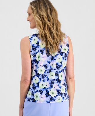 Women's Pleat-Neck Sleeveless Floral Top