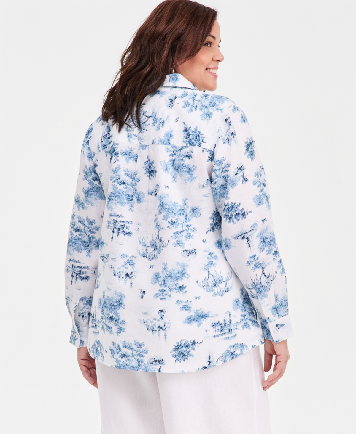 Charter Club Plus 100% Linen Printed Roll-Tab Shirt, Macy's Exclusive