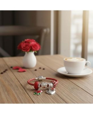 Love Heart Valentine European Bead Charm Bracelet Red Leather Sterling Silver