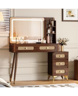 47" Vintage Makeup Vanity with Mirror and Lights, Makeup Vanity Desk with 5 Drawers and Storage Shelf, Rattan Drawer Design