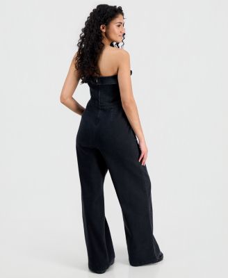 Juniors' Ruffled Strapless Wide-Leg Jumpsuit