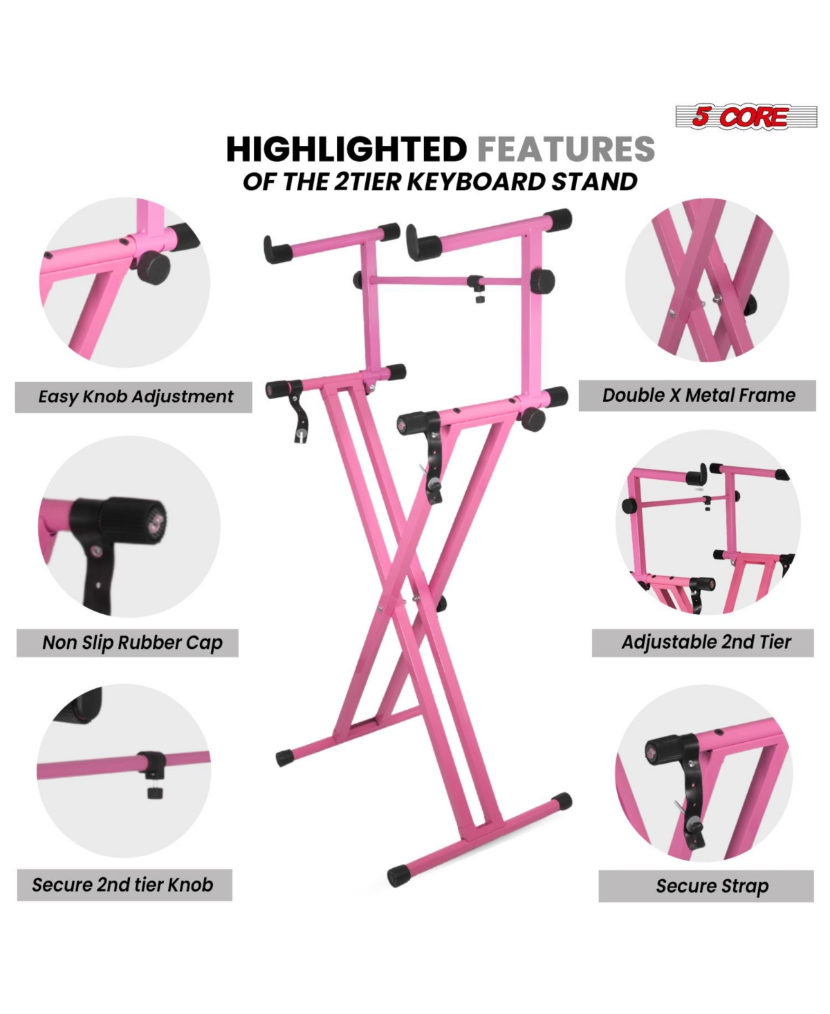 5 Core 2 Tier Keyboard Stand Combo Heavy Duty Adjustable Piano Stand with Extension Arm