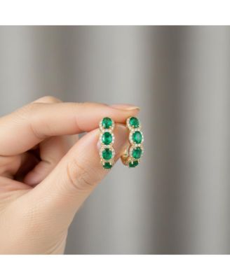 Sterling Silver 14K Gold Plated Cubic Zirconia Oblong Hoop Spring Lock Earrings.