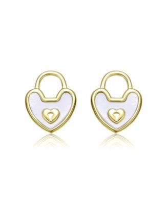 Sterling Silver 14K Gold Plated with White Mother Of Pearl Heart Lock Design Stud Earrings For Kids