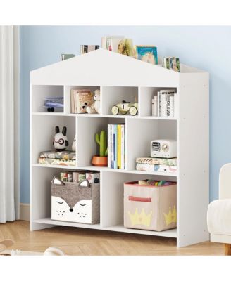 Kids Bookshelf with 9 Storage Cubbies, Wooden Dollhouse Bookcase & Toy Organizer for Playroom or Bedroom