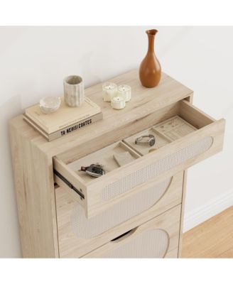 Shoe Cabinet, Rattan Shoe Storage With 2 Flip Drawer and 1 Pull-Out Drawer, Heavy Duty Metal Leg