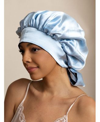 Silksilky Women's Silk Casual Bonnet with Long Ribbons (Two-tone and Double-sided) - Blue