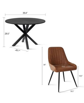 Modern 5-Piece Faux Leather Dining Set, Round Black Table with Metal Base and PU Chairs