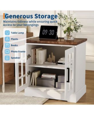 Farmhouse Nightstand with Charging Station, 24-Inch End Table with Tempered Glass Doors & Adjustable Shelf, Rustic Wood Sofa Side Table