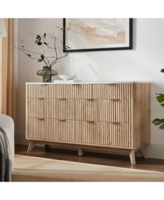 54" Wide Modern Fluted 7-Drawer Wood Dresser with Faux Marble Top, TV Stand and Drawer Organizer