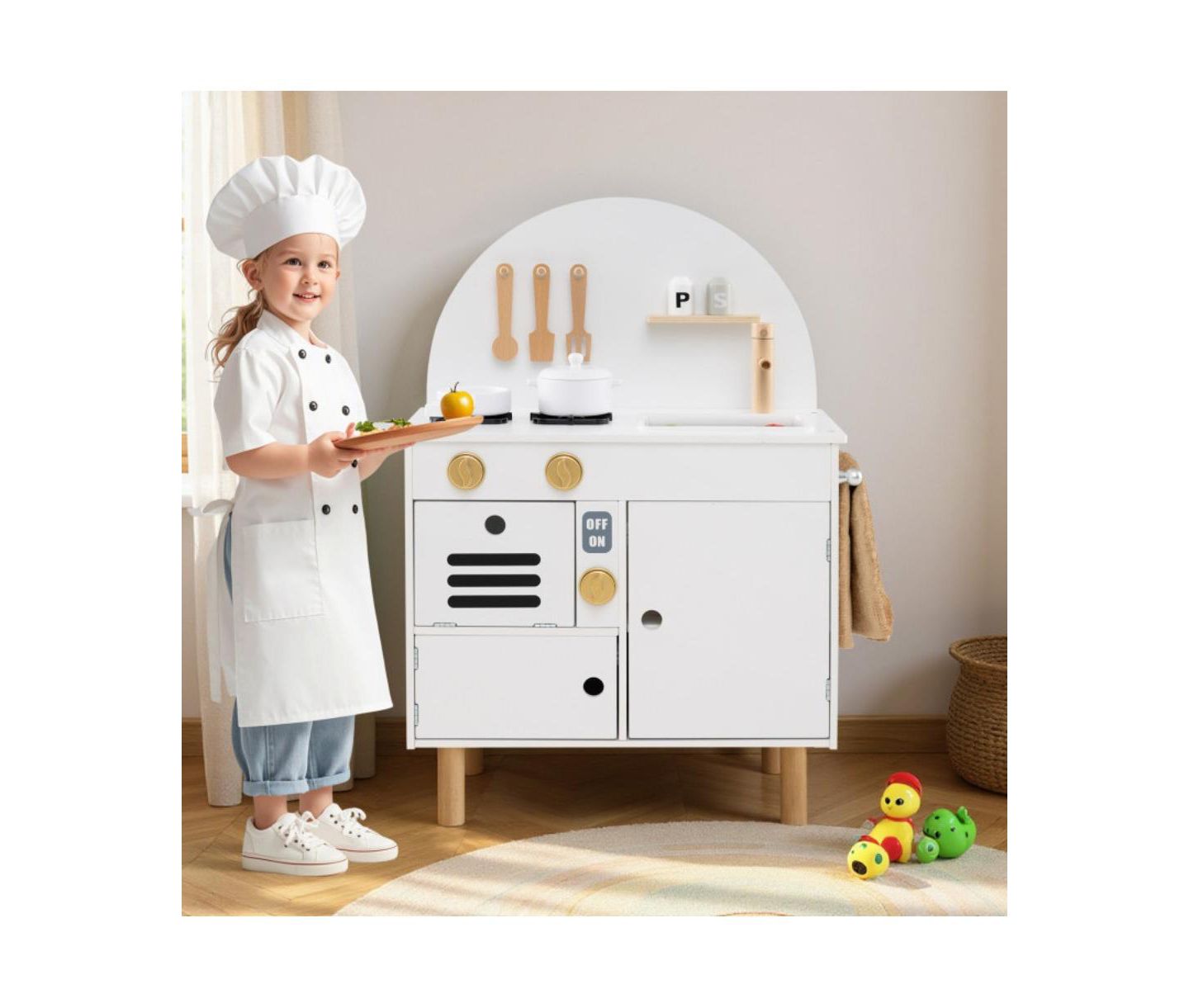 Детская игрушка HONGGE Wooden Play Kitchen with Stove, Sink, Microwave, and Oven, Ages 3+, цвет: Белый — фото 5