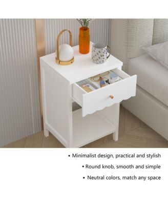 Minimalist Scalloped Edge Nightstand with Drawer and Open Shelf in White