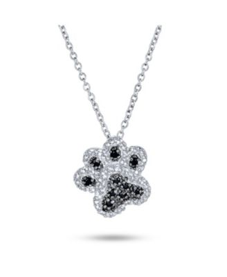 BFF Pet Paw Black White CZ Pendant Necklace & Cut-Out Open Stud Earrings Cubic Zirconia Jewelry Set Sterling Silver