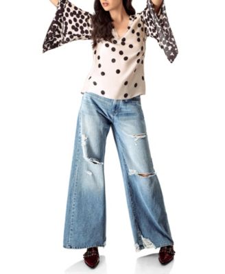 Women's Polka Dot V-Neck Blouse with Wide Sleeves