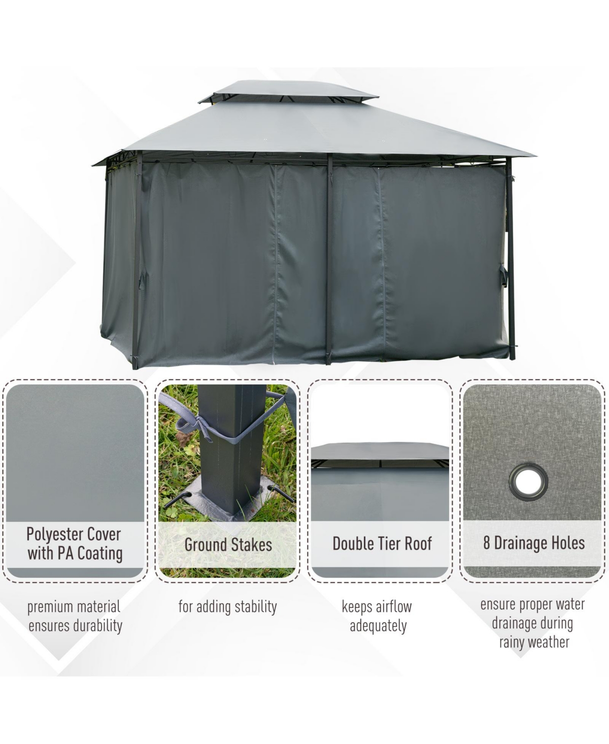 Outsunny 10' x 13' Outdoor Soft Top Gazebo Pergola with Curtains, 2-Tier Steel Frame Gazebo for Patio, Sage Grey