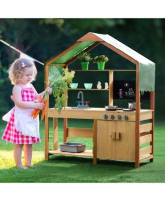 Kids Outdoor Mud Kitchen Playset with Canopy Sink Storage and Pretend Cooking Features