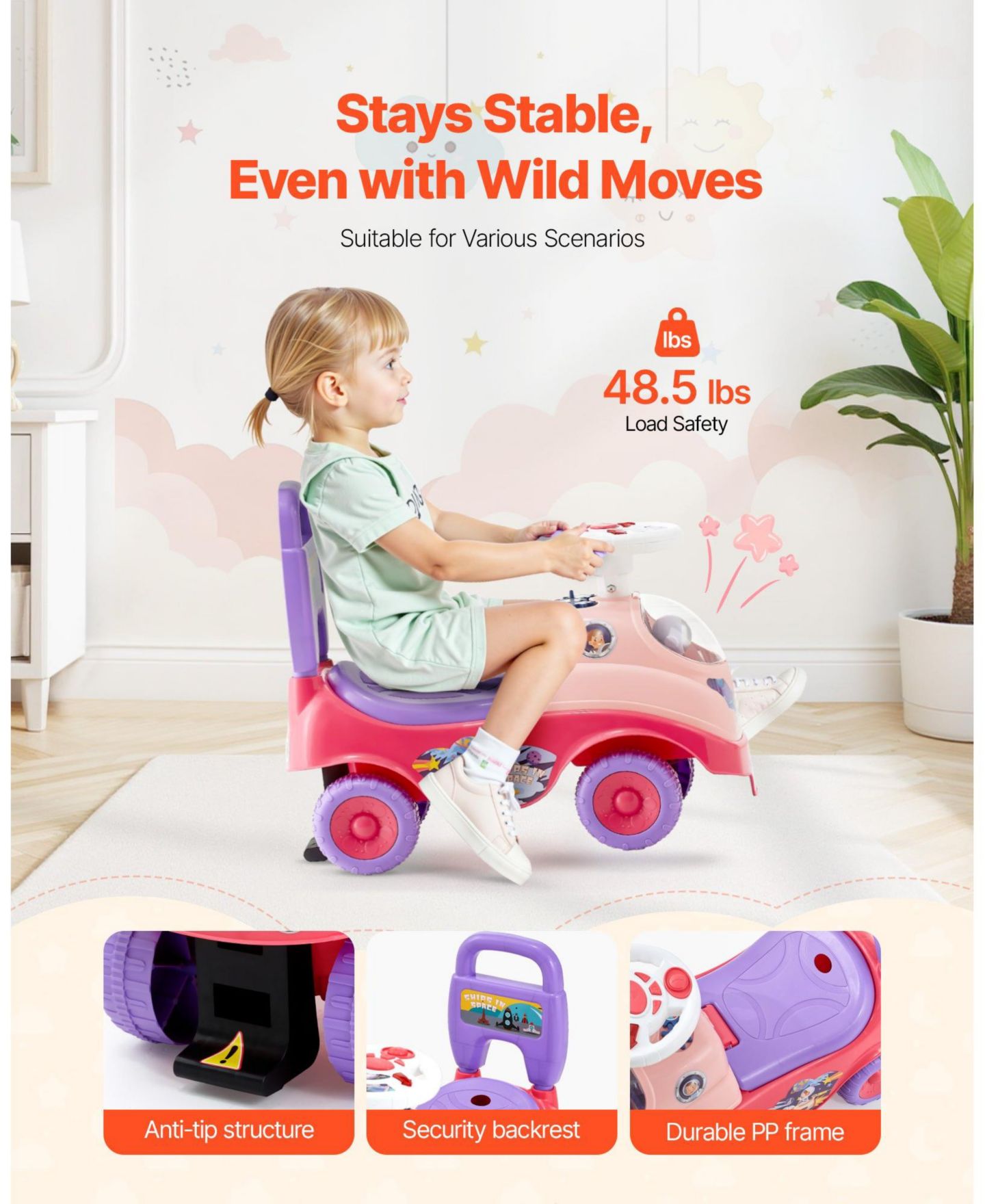 Детская игрушка Mecale Ride On Toddler Foot-to-Floor Push Car, 48.5 lbs Capacity, Ages 19-36 Months, цвет: Розовый — фото 3