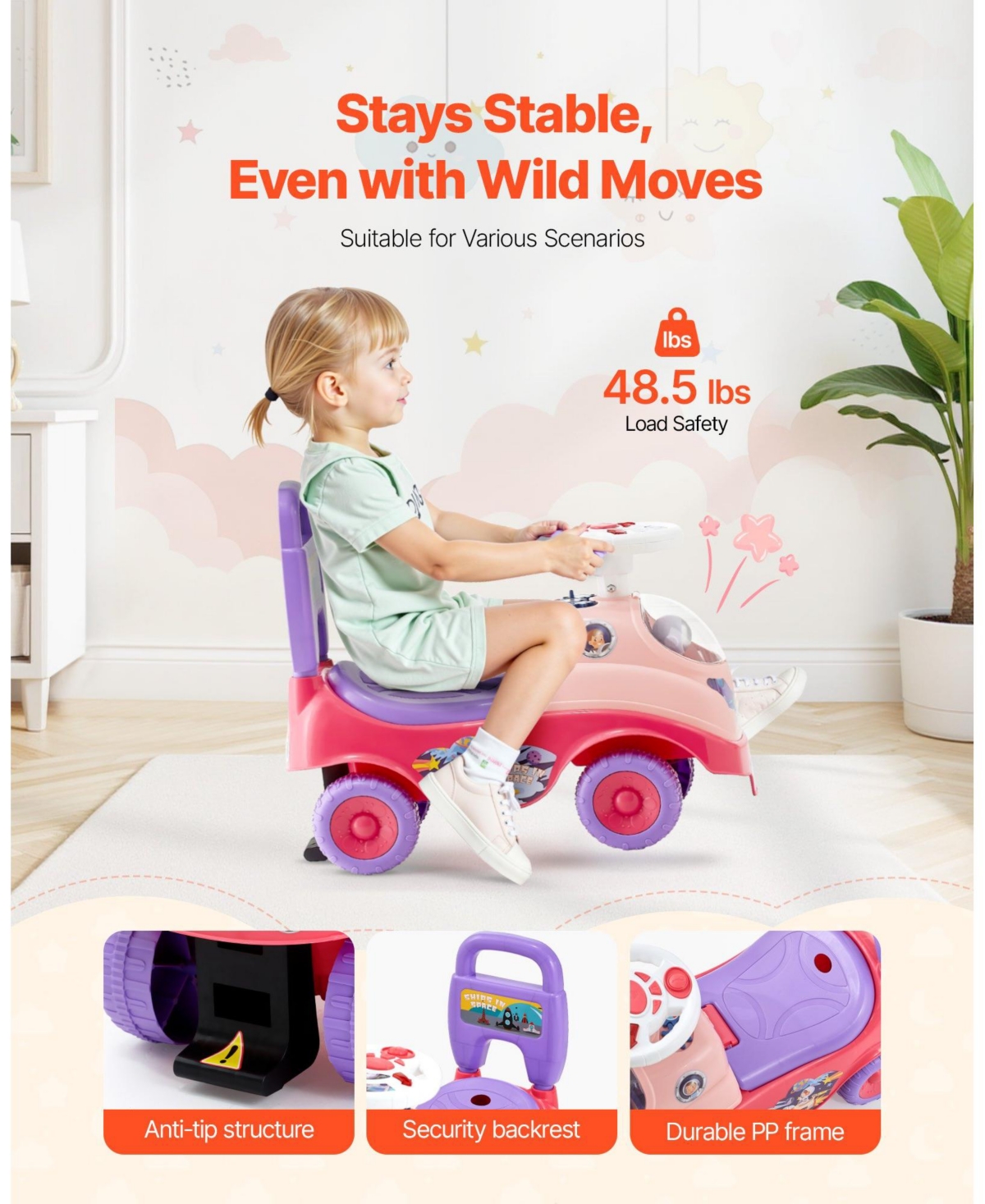 Mecale Ride On Toddler Push Car, Kids Ride-On Toy with Horn, Music & Storage, 48.5 lbs Load, Foot-to-Floor Walker for Boys Girls 19–36M, Pink