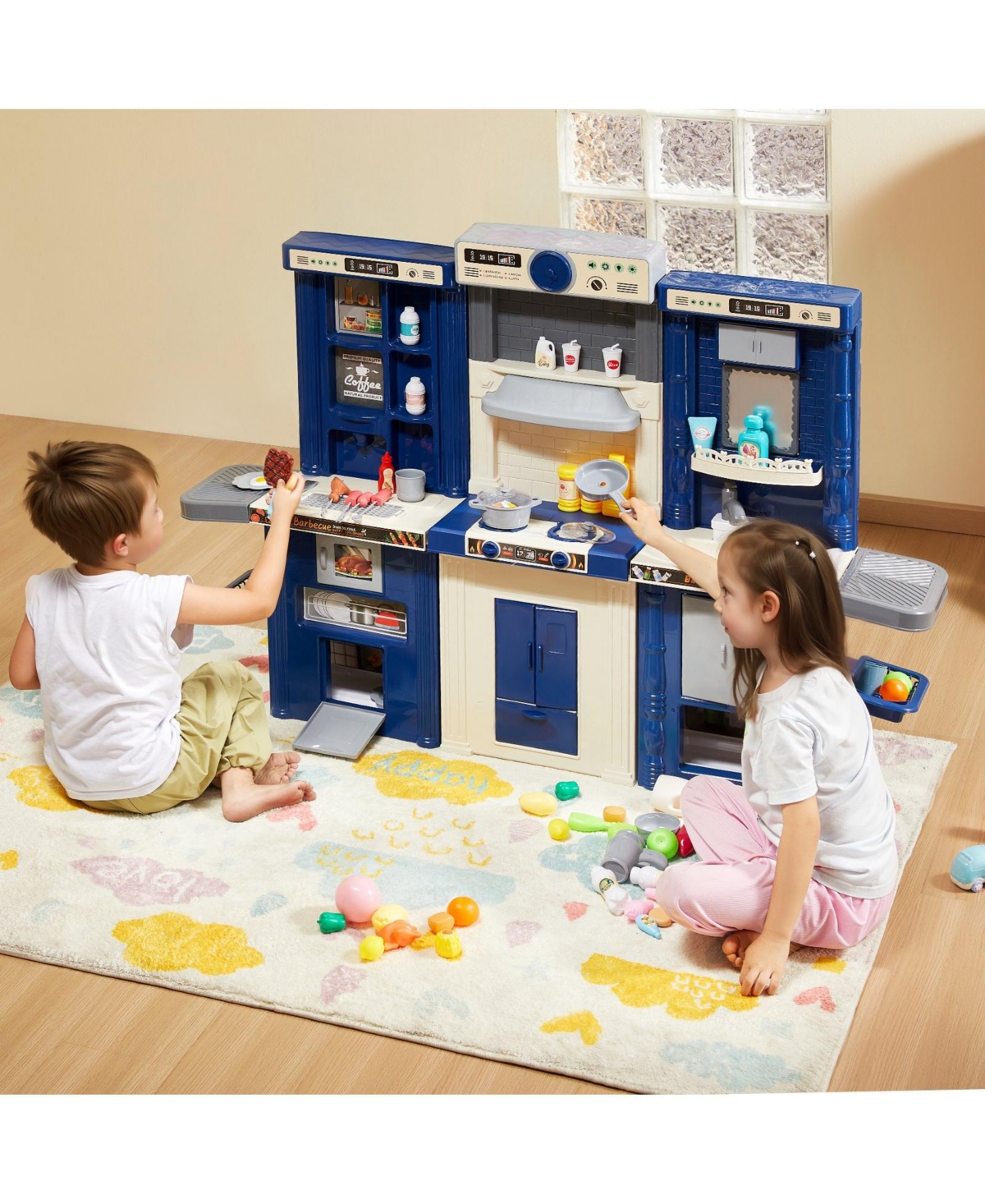 Mecale Kids Kitchen Playset, 3-in-1 Kitchen with Spray, Lights & Sounds, 74 Pcs Cooking Accessories, Pretend Play Set for Kids 3–8, Blue