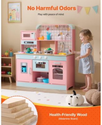 Wooden Play Kitchen for Kids, Toy Kitchen Set with Lights, Sounds, Ice Maker, Oven, Sink, Microwave, Fridge & Utensils, White