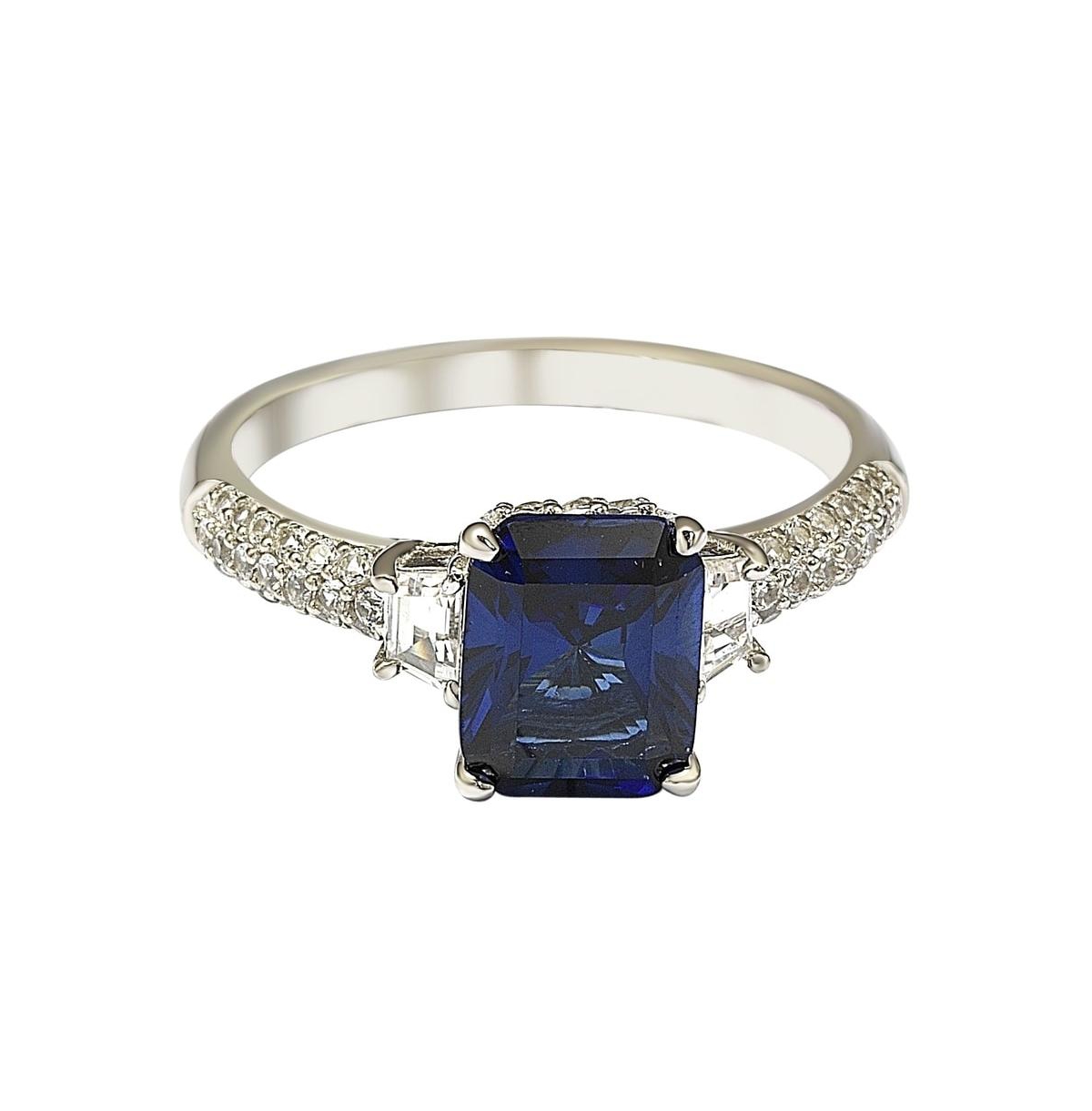 Suzy Levian Sterling Silver Sapphire & Created White Sapphire Emerald Cut Proposal Ring (8 mm