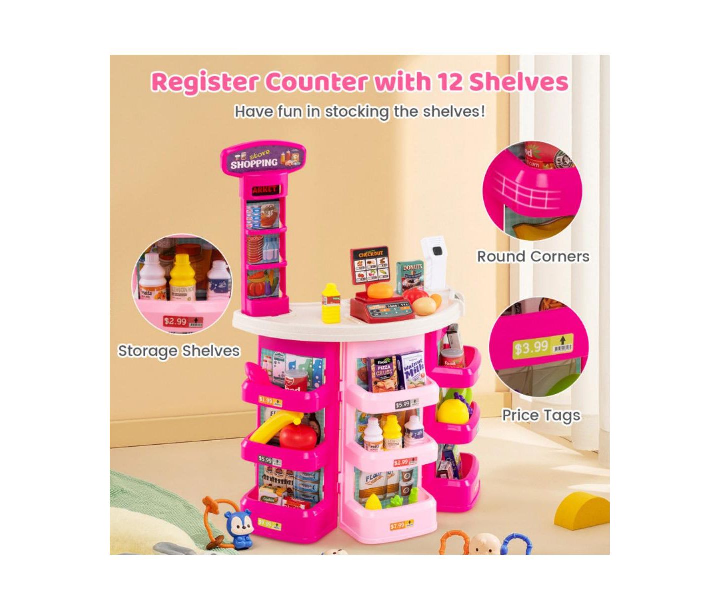 Детский игровой набор HONGGE 2-in-1 Light-and-Sound Scanner 76-Piece Supermarket Playset, Ages 3+, цвет: Розовый — фото 10