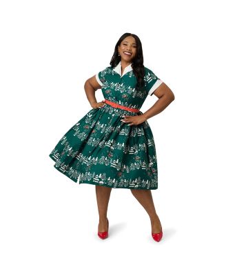Plus Size Collared Short Sleeved Belted Swing Dress
