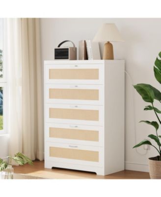 Tall Rattan Dresser with 5 Drawers,Wooden Spacious Storage Chest of Drawers