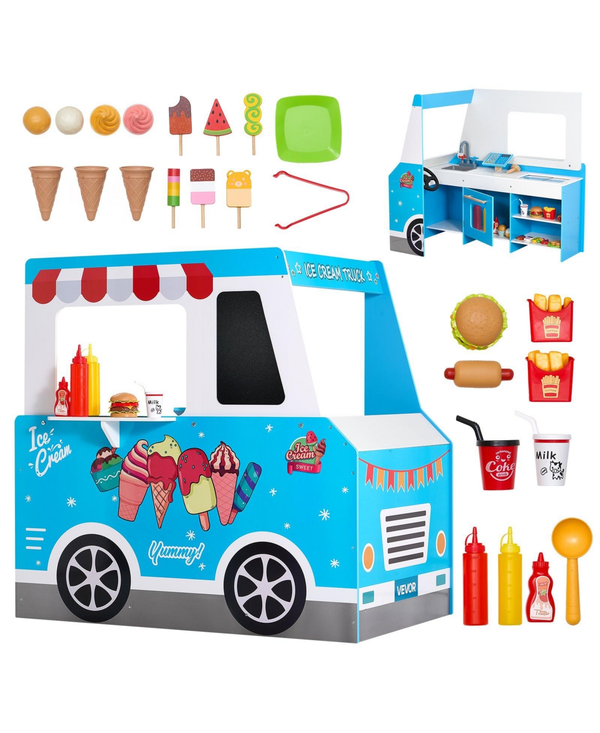 Mecale Ice Cream Cart for Kids, 20+ Pcs Wooden Playset with Steering Wheel, Chalkboard, Scanner, Faucet & Freezer, Pretend Toy for 3-7
