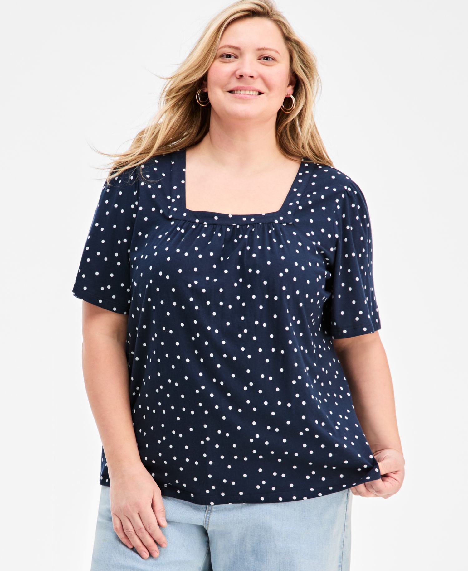 Plus Size Short Flutter-Sleeve Square-Neck Knit Top